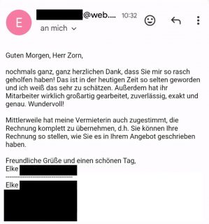 Diese eMail hat und heute früh erreicht. 🤩Es freut uns sehr wenn unsere Kunden zufrieden sind.
Das Lob habe ich an meinen Mitarbeiter weitergereicht.Fliesen Zorn und die Fliesenarbeiten sind was worn... 😎